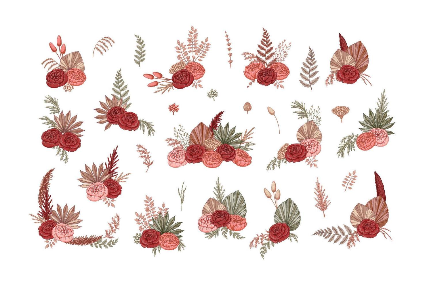 conjunto de composiciones modernas de flores secas. ramos bohemios. ilustración vectorial dibujada a mano vector