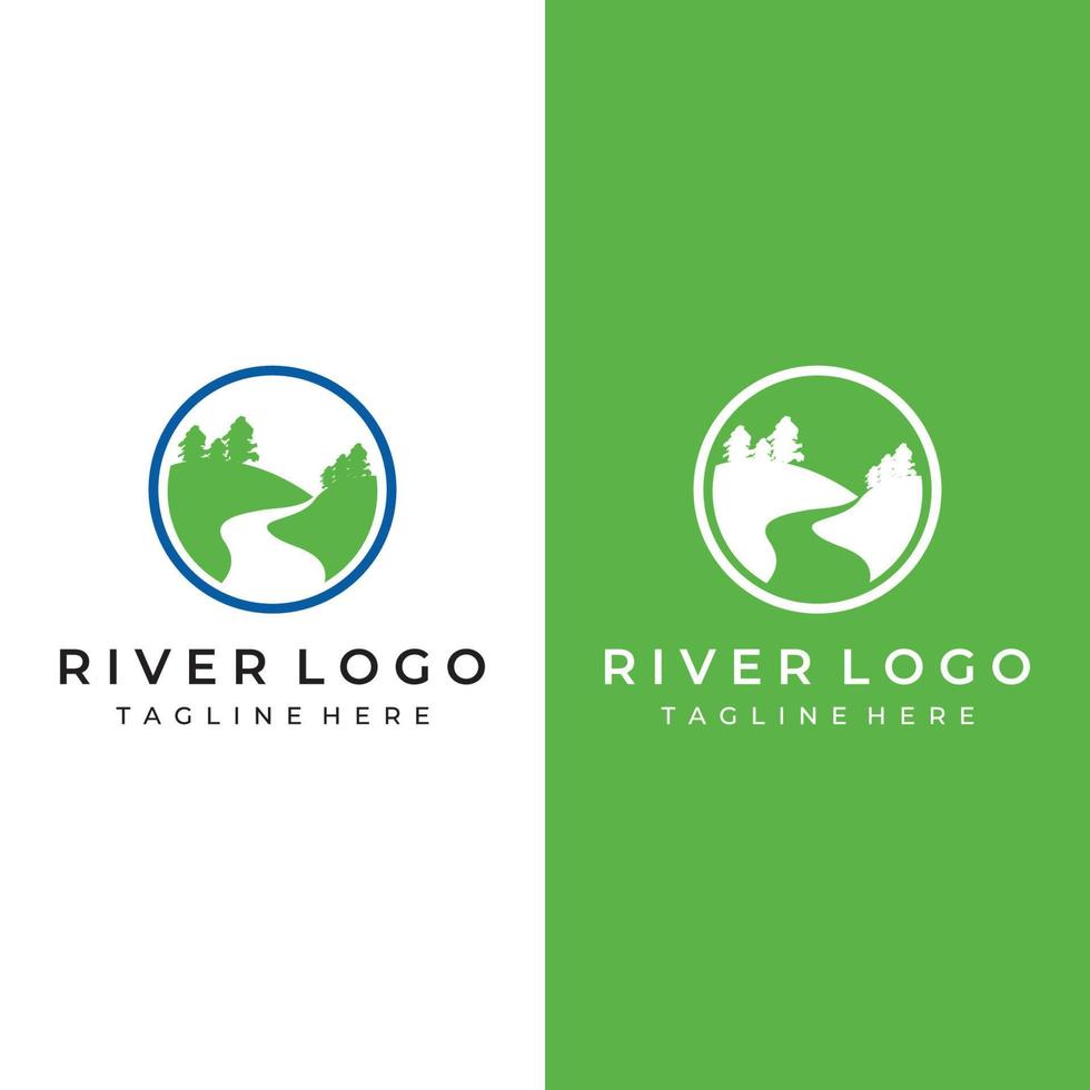 Logos of rivers, creeks, riverbanks and streams. River logo with combination of mountains and farmland with concept design vector illustration template.