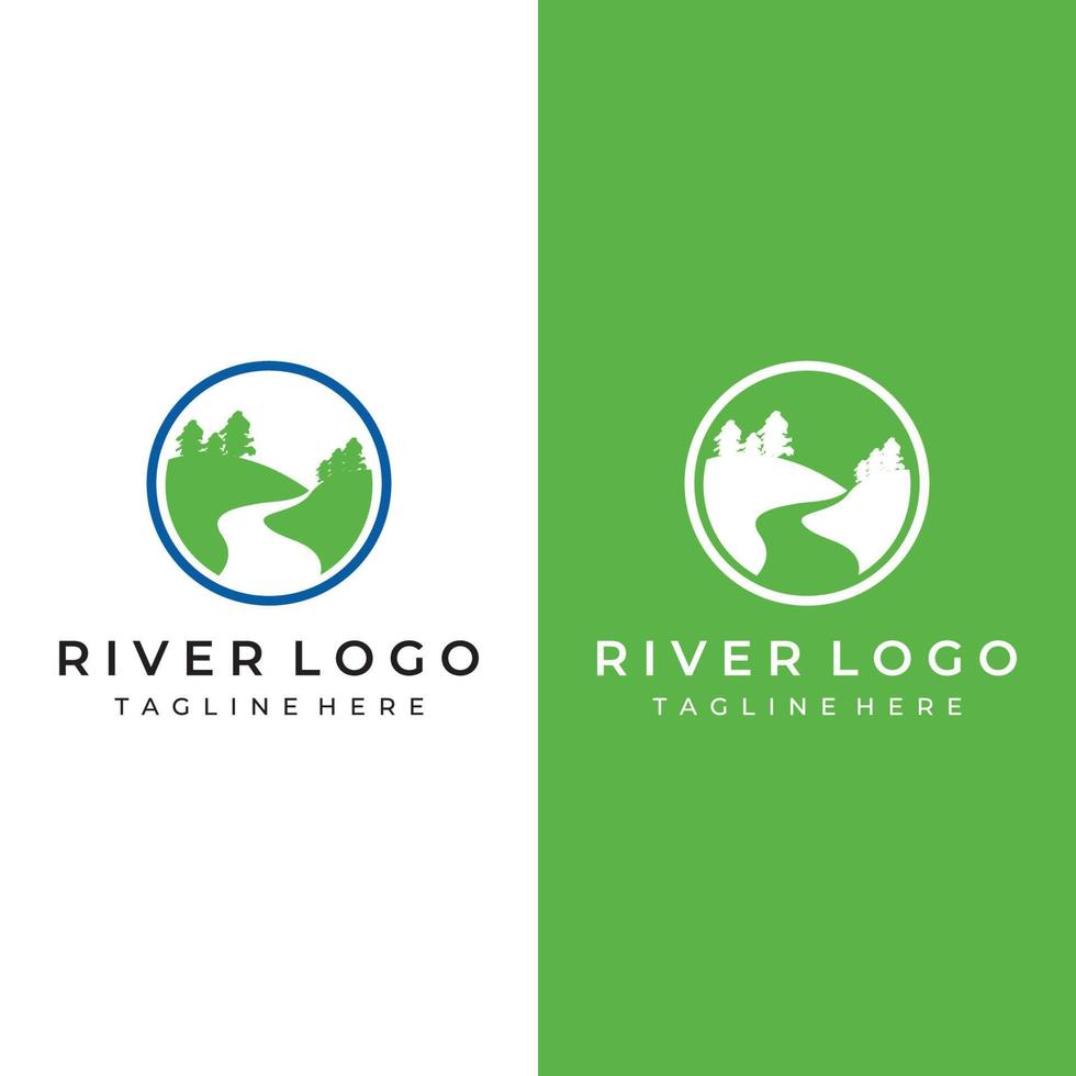 logotipos de ríos, arroyos, riberas y arroyos. logotipo del río con combinación de montañas y tierras de cultivo con plantilla de ilustración vectorial de diseño conceptual. vector