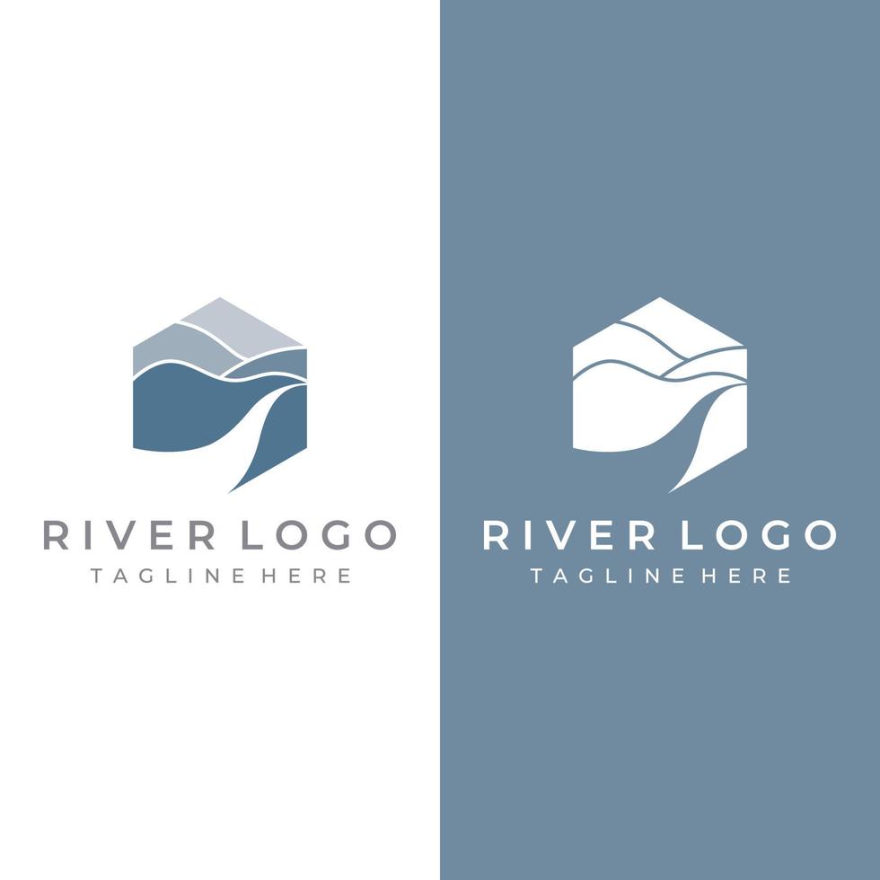 Logos of rivers, creeks, riverbanks and streams. River logo with combination of mountains and farmland with concept design vector illustration template.