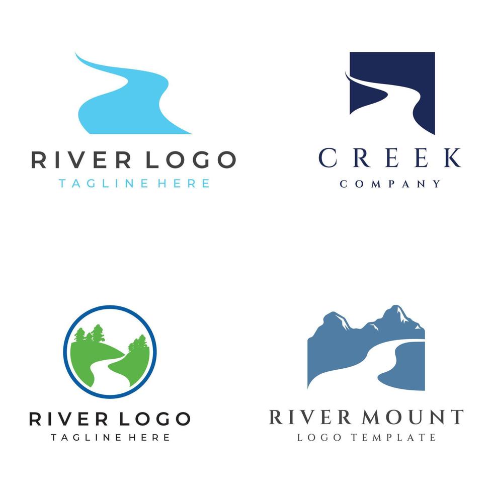 logotipos de ríos, arroyos, riberas y arroyos. logotipo del río con combinación de montañas y tierras de cultivo con plantilla de ilustración vectorial de diseño conceptual. vector