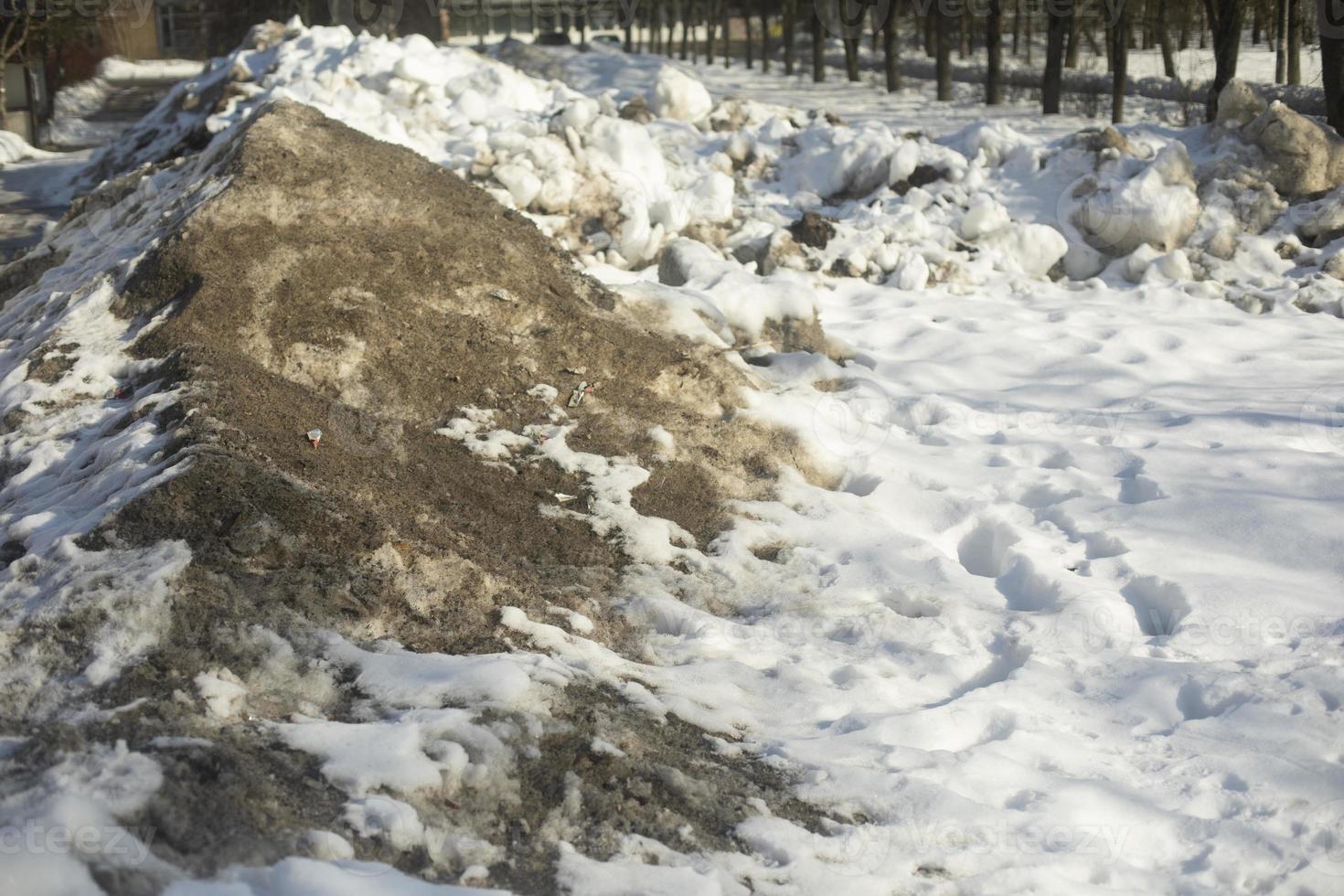 Snow removed from road. Pile of snow outside. photo