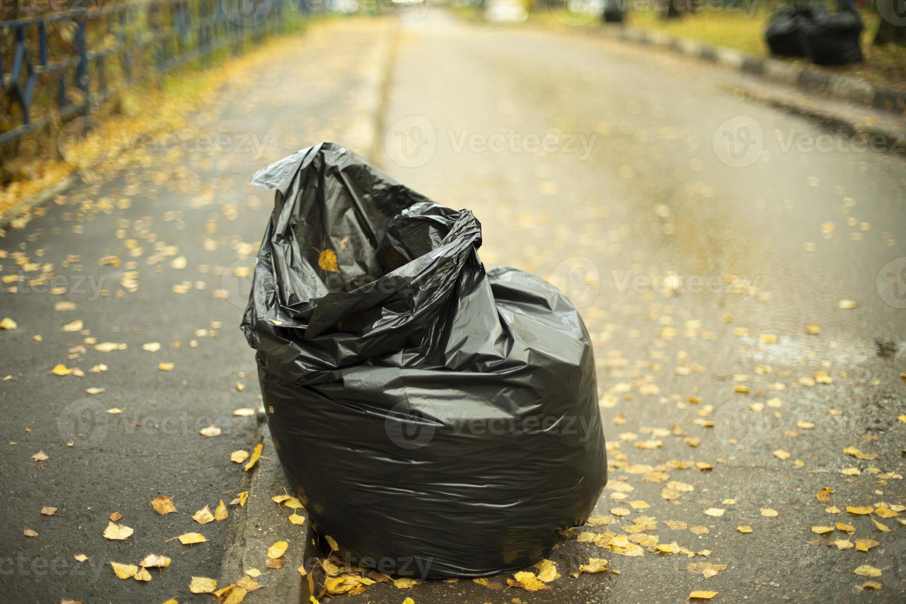Bag of garbage on side of road. Leaf harvesting. Collecting waste in