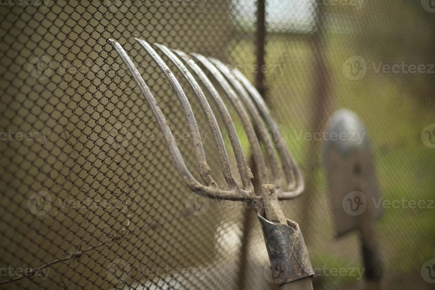 herramientas de jardín. el rastrillo de acero se apoya contra la valla de malla. foto