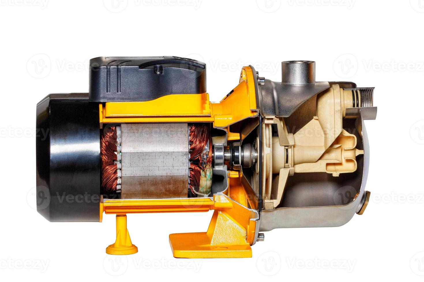 Sectional view of the inside of a high pressure water pump with built-in injector. Isolated on white background. photo