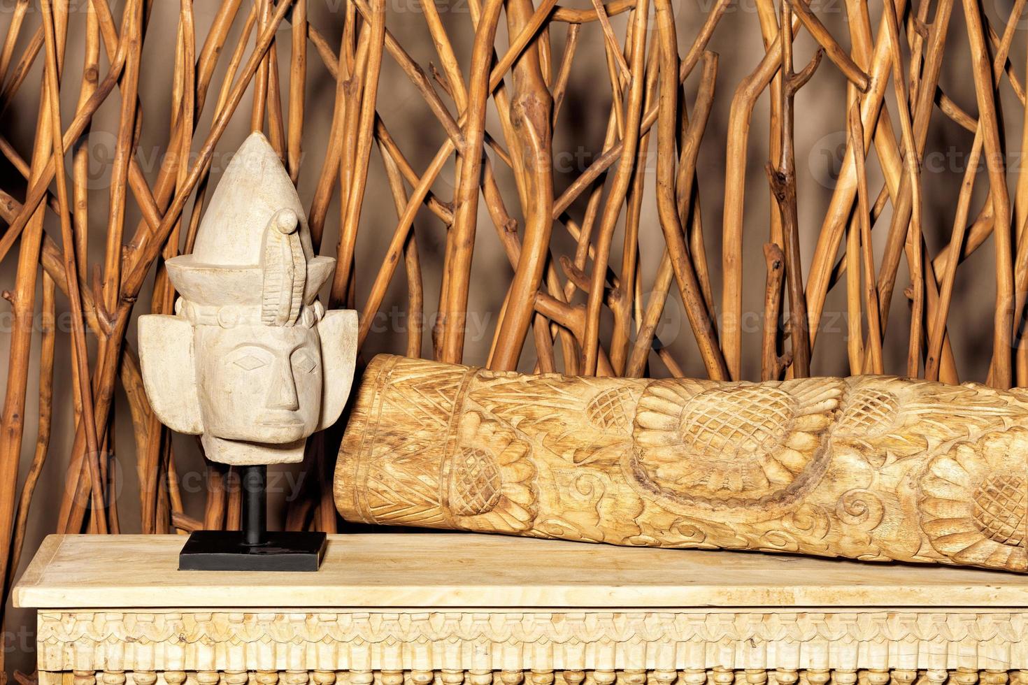 Gypsum figurine of the head of a sphinx in a vintage interior. 03.02.2022. Kyiv. Ukraine. photo