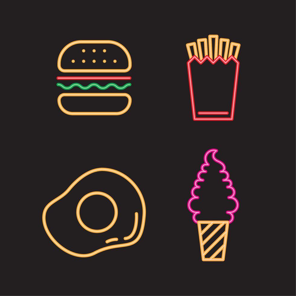 cuatro iconos de comida de neón vector