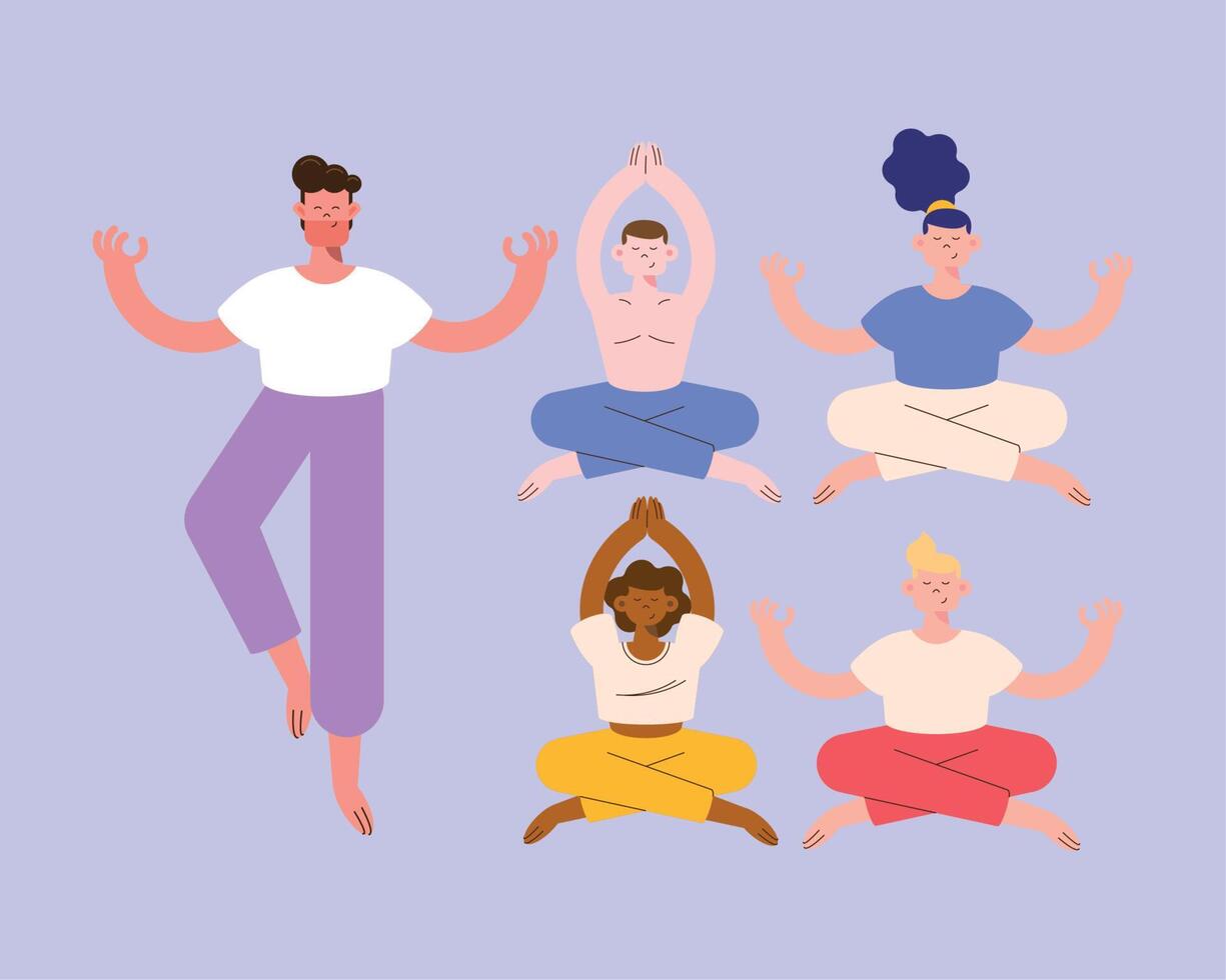 cinco personas practicando yoga vector