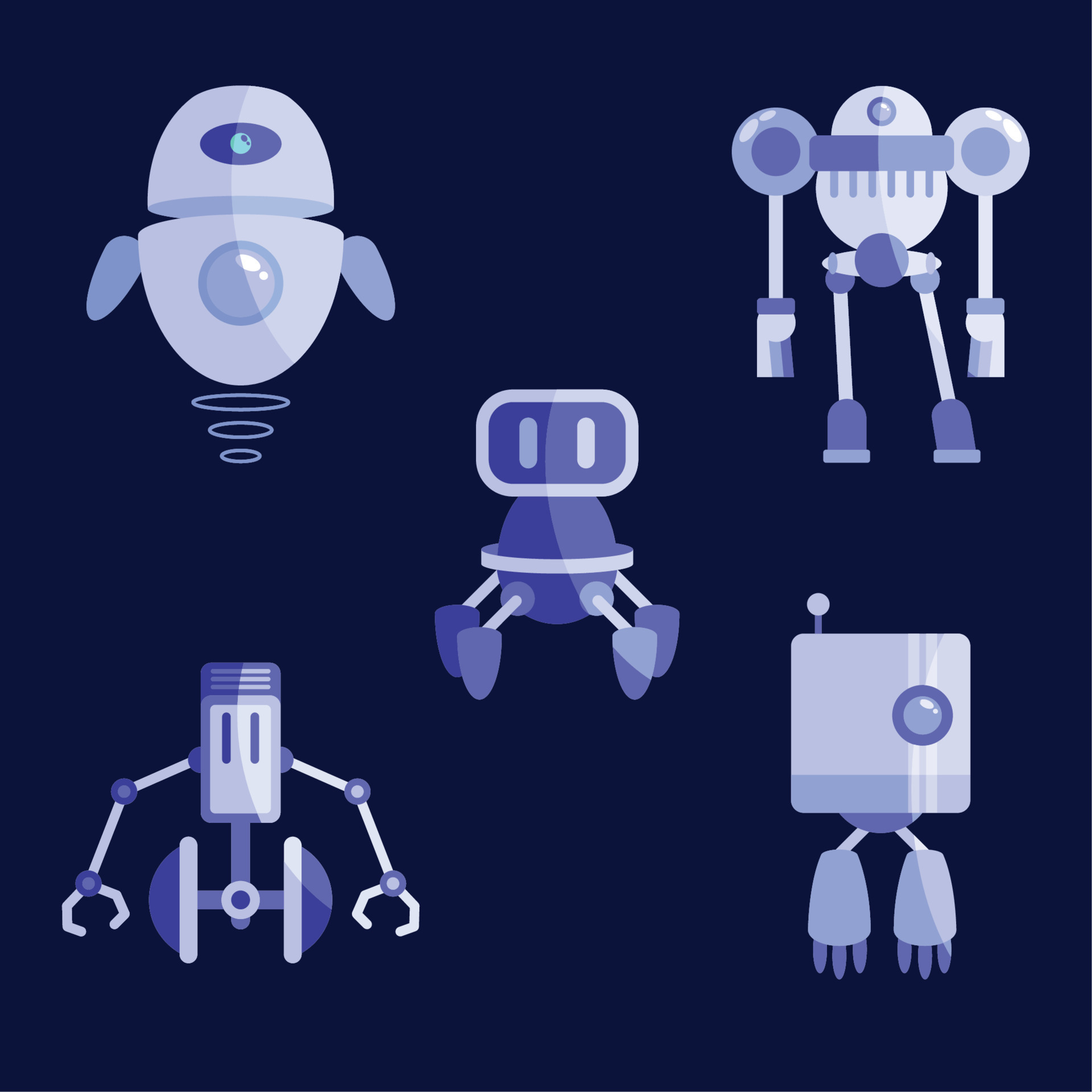 five purple robots 11146026 Vector Art at Vecteezy