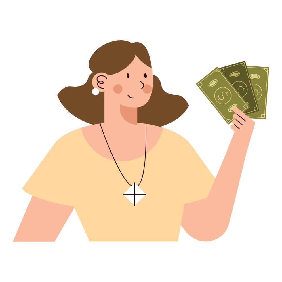 woman with bills dollars vector