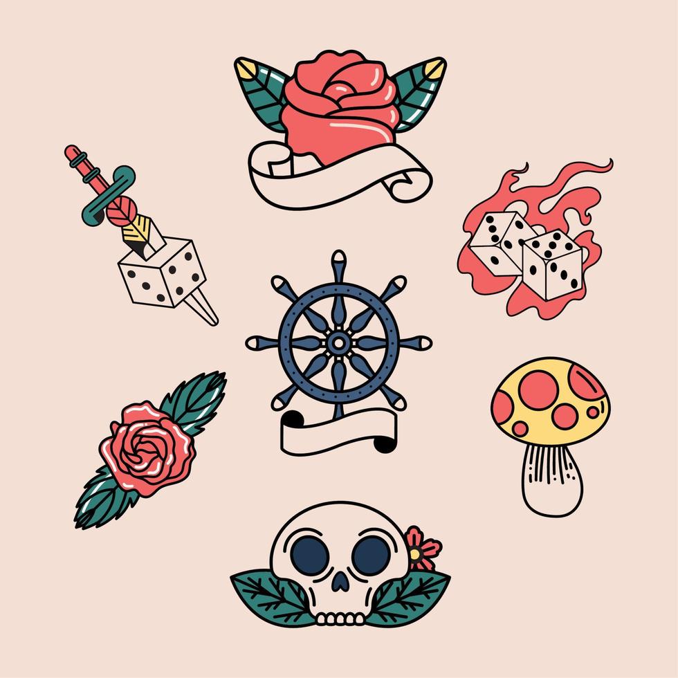 tattoo old school seven icons vector