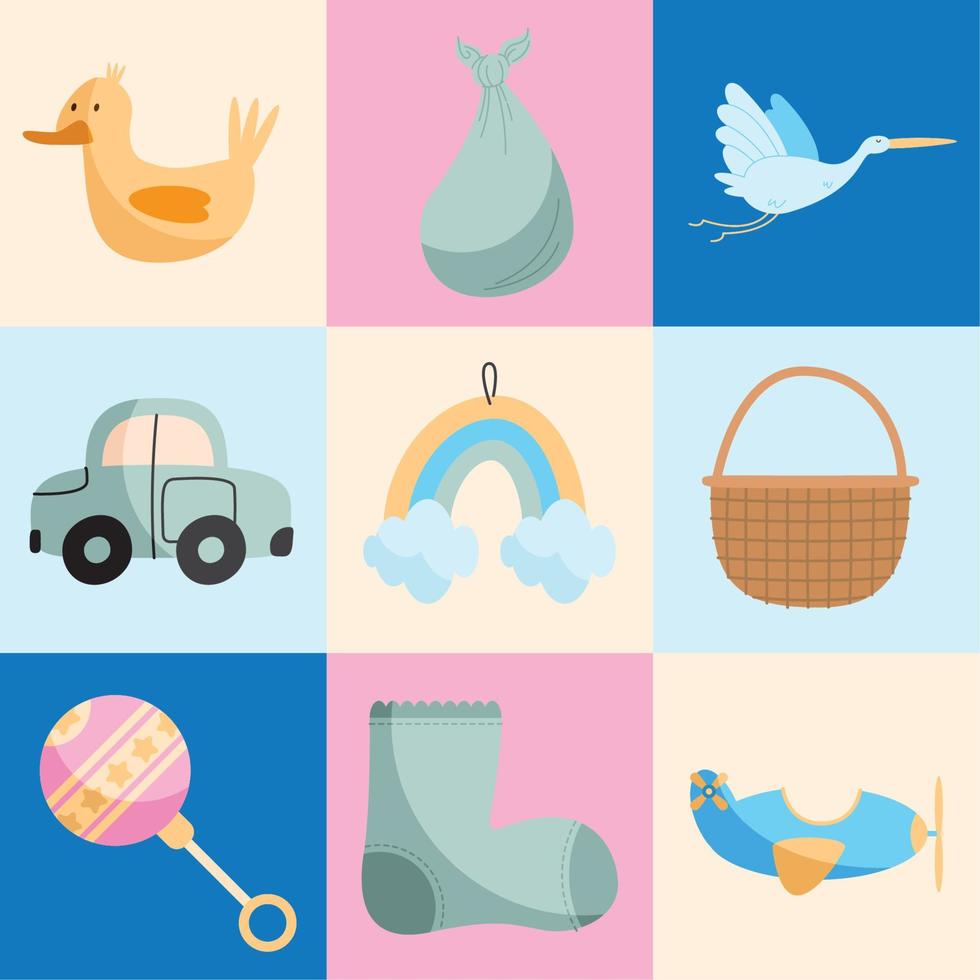 nueve iconos de baby shower vector