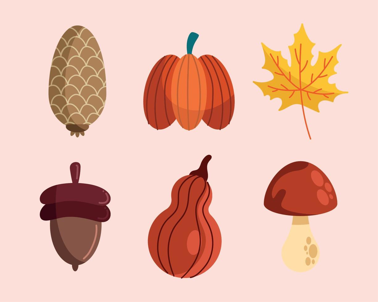seis iconos de la temporada de otoño vector