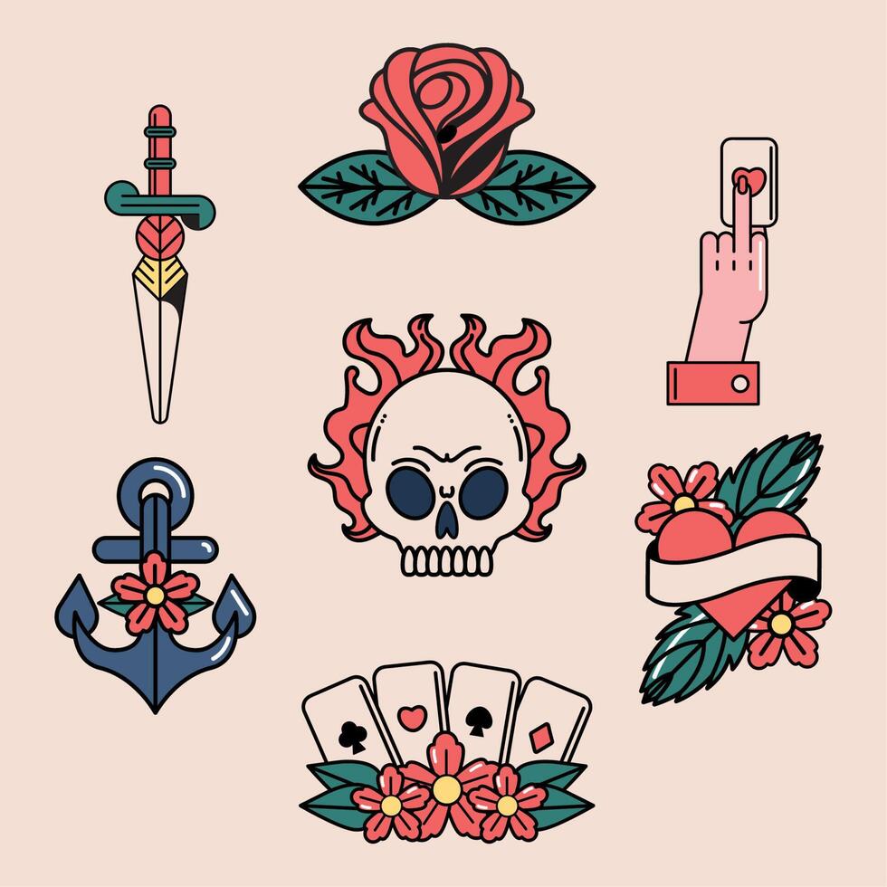 siete iconos de la vieja escuela de tatuajes vector