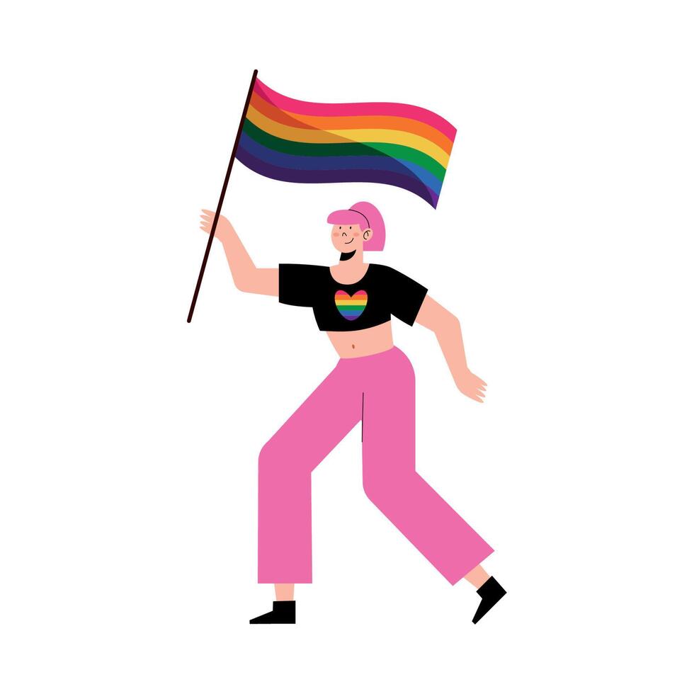 niña ondeando la bandera lgbtq vector