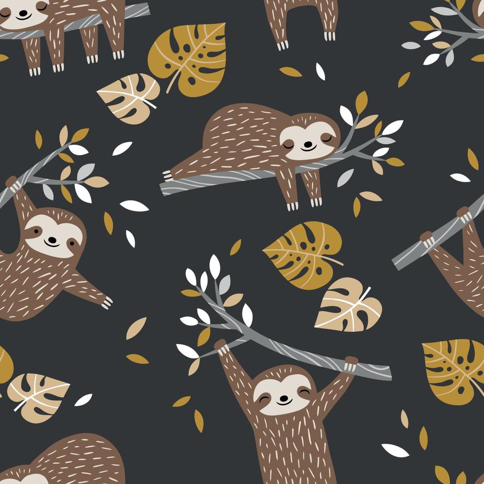 Hand drawn seamless pattern with cute sloths and tropical palm leaves. Perfect for textile, wallpaper or print design. vector