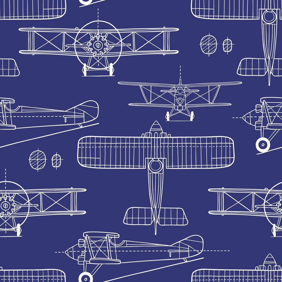 plano de avión vintage dibujado a mano. patrón sin costuras perfecto para el diseño textil, de papel pintado o de impresión. vector