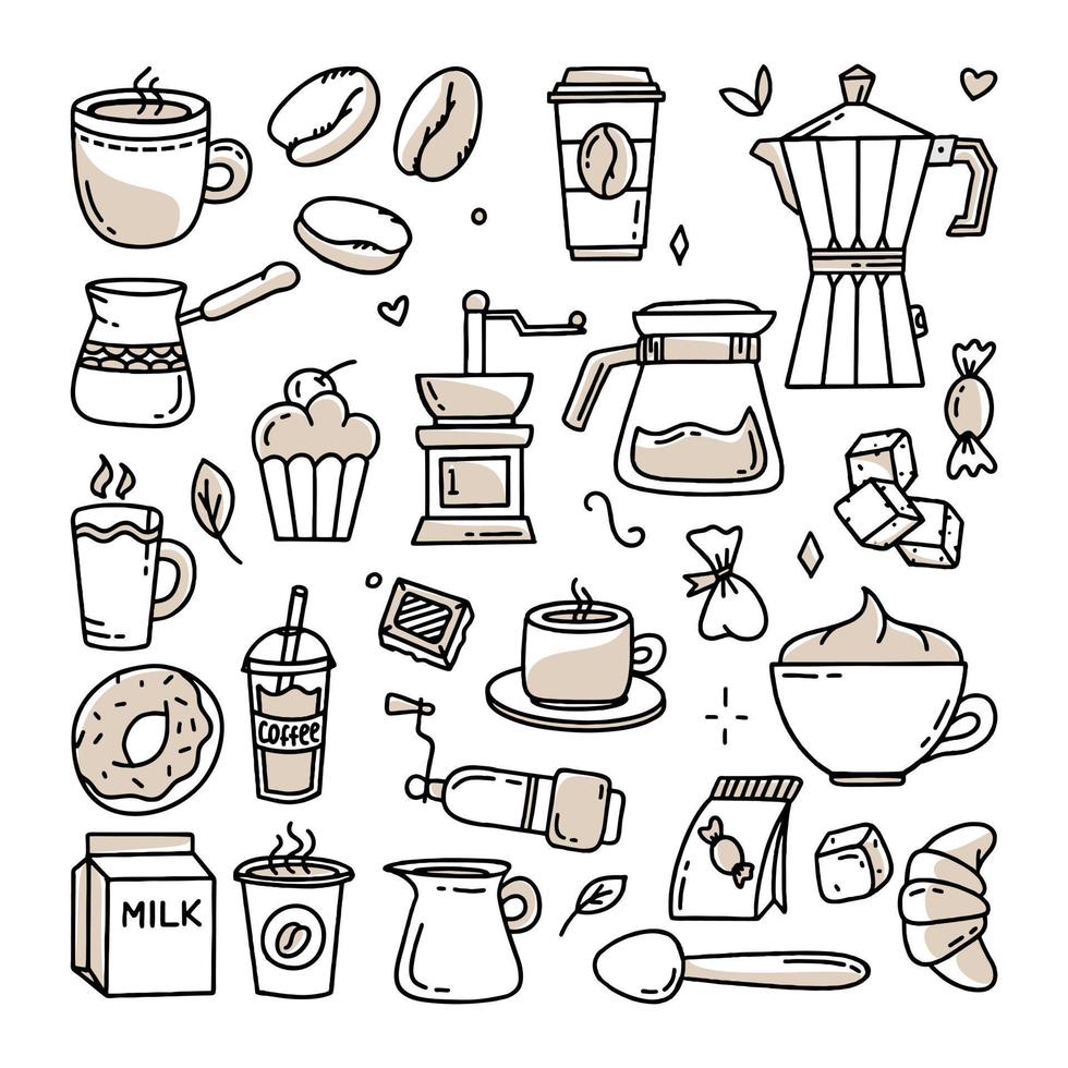 un conjunto de elementos para que una cafetería los use para carteles, pancartas, postales y diseño de empaque, ilustración vectorial en el estilo de dibujado a mano vector