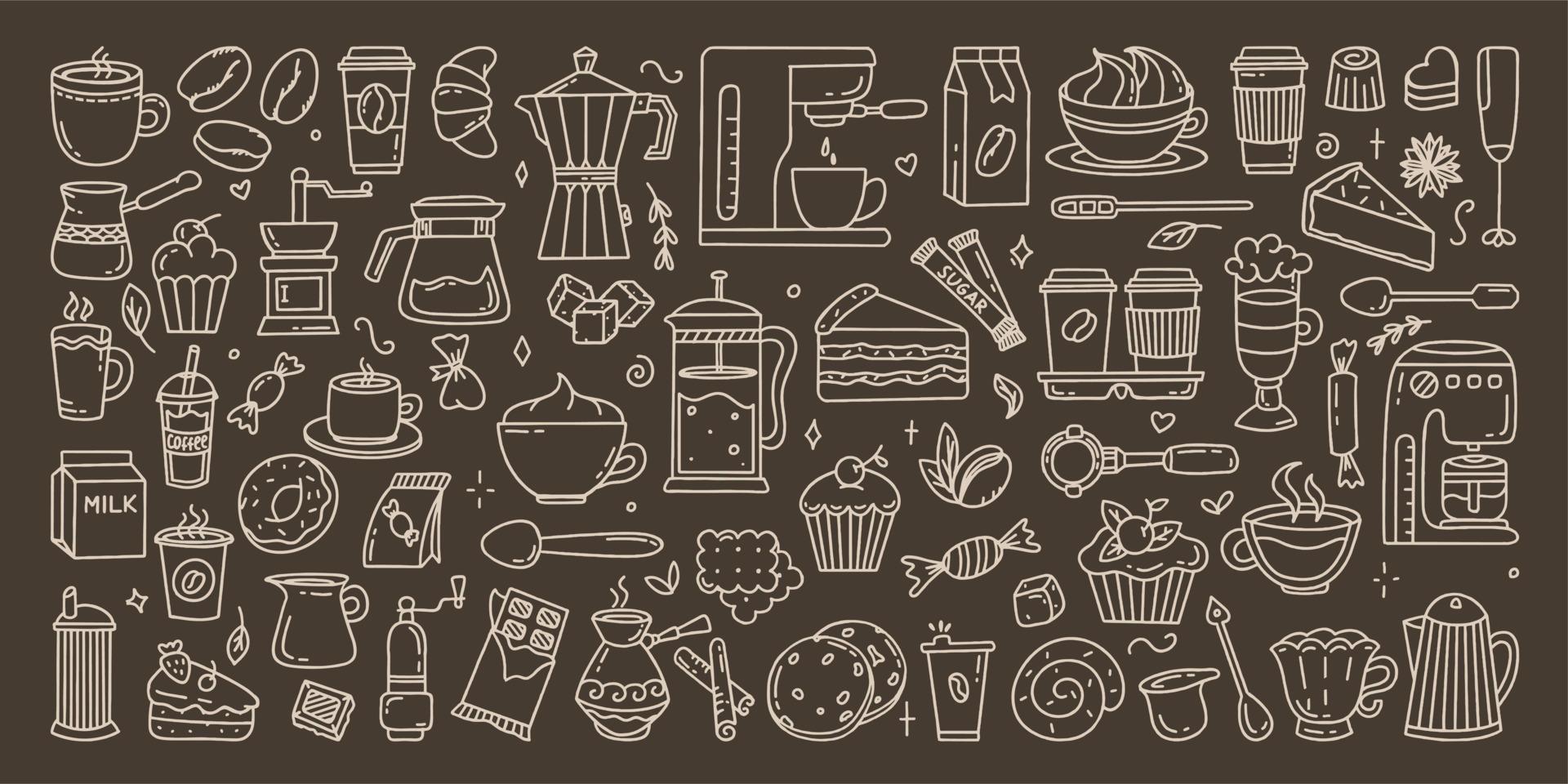 A large set of elements for a coffee shop To use for posters banners postcards and packaging design Vector illustration in the style of hand-drawn