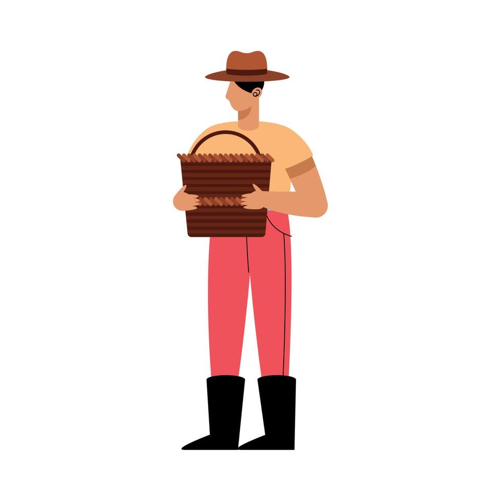 farmer with wooden basket vector