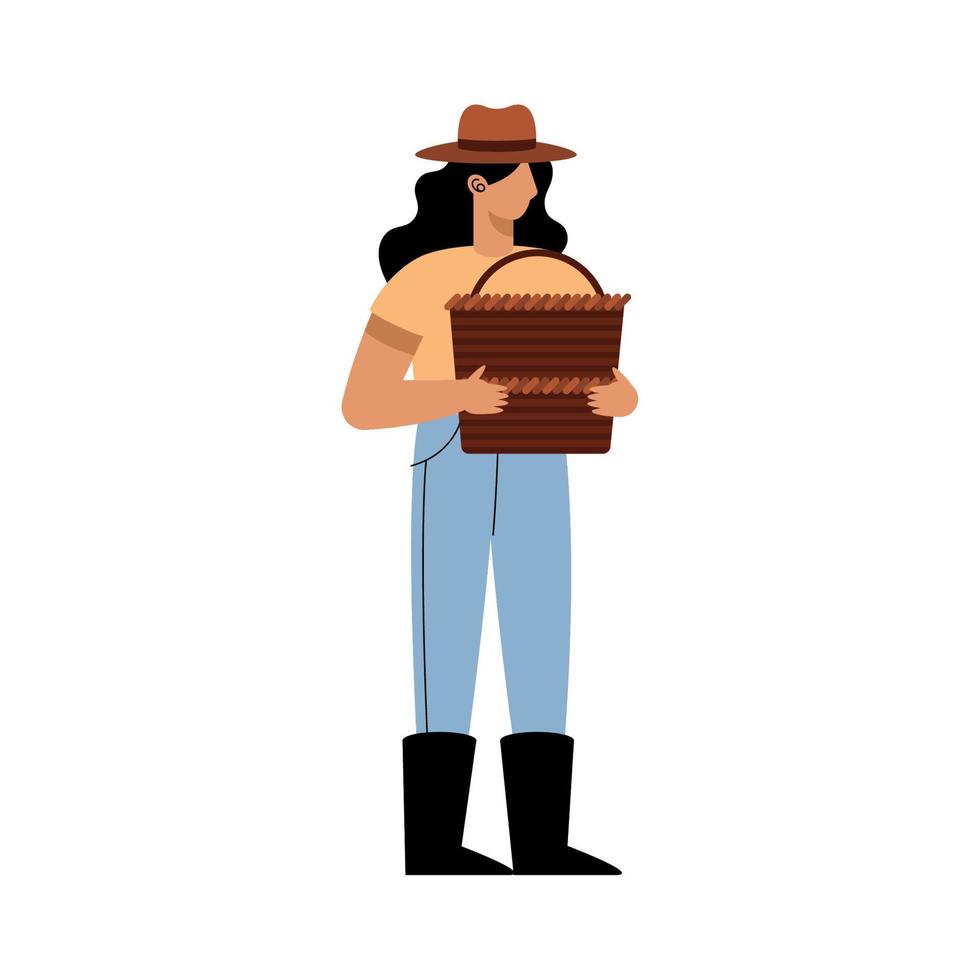 farmer woman lifting basket vector