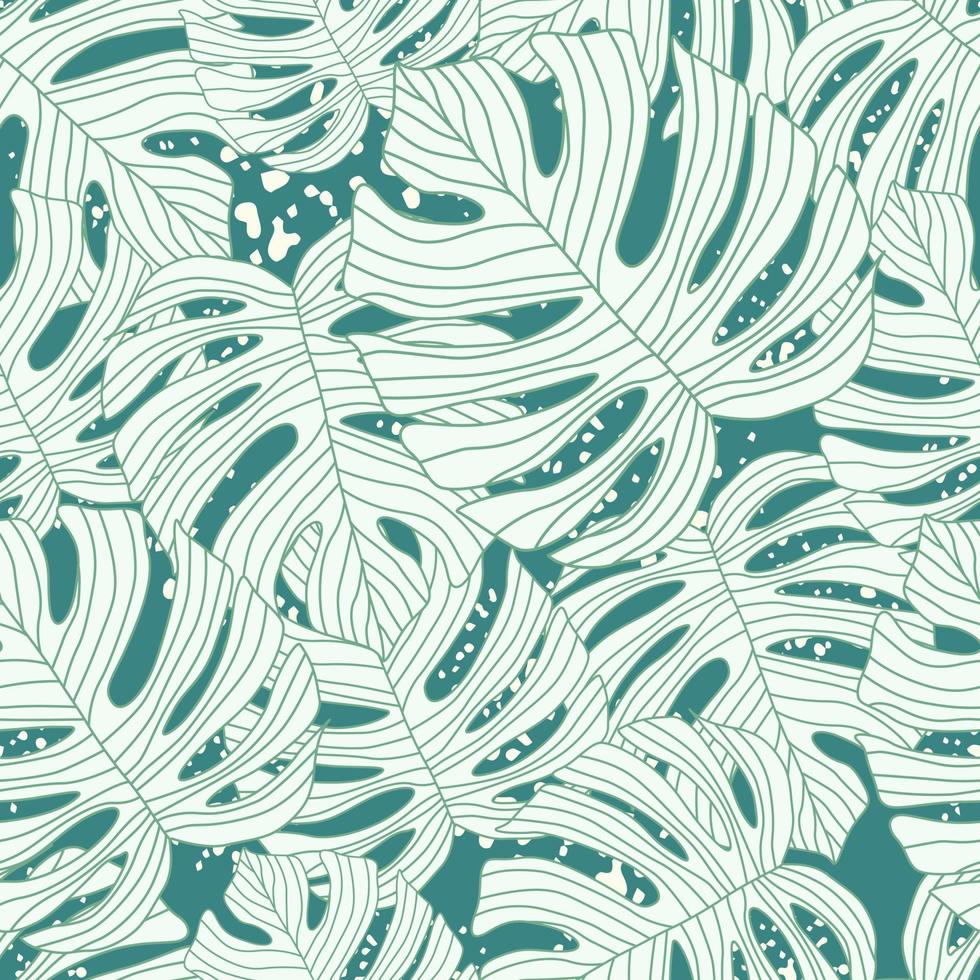Contoured outline monstera silhouettes seamless pattern. Palm leaves endless background. Botanical wallpaper. vector