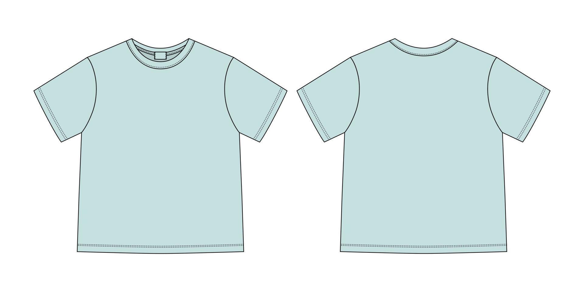 Apparel technical sketch unisex t shirt. Eggshell blue color. T-shirt design template. Front and back views vector