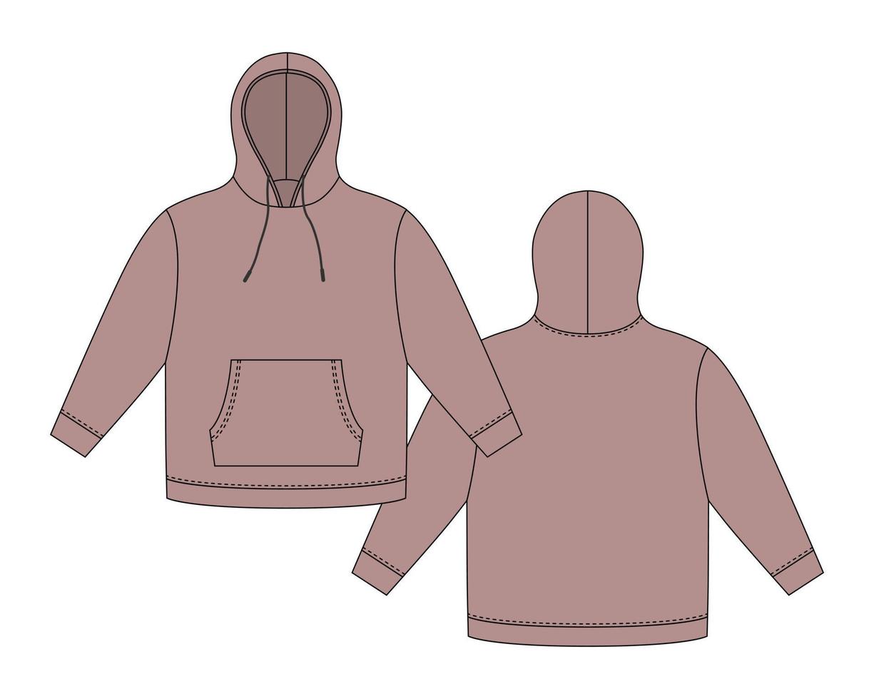 Hoodie template in mauve color. Apparel hoody technical sketch