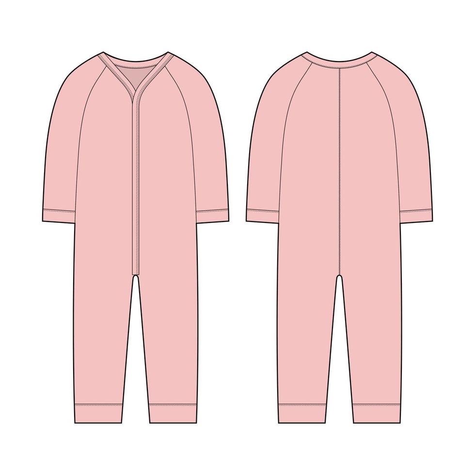 Onesie with a long sleeves. Infant romper. Pink color. Baby body wear mock up. Children bodysuit. Technical sketch vector