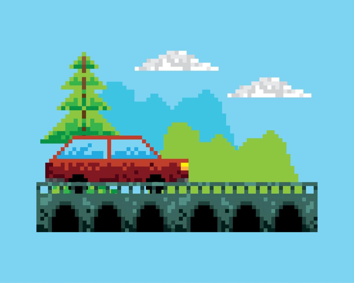 pixelated car in bridge vector