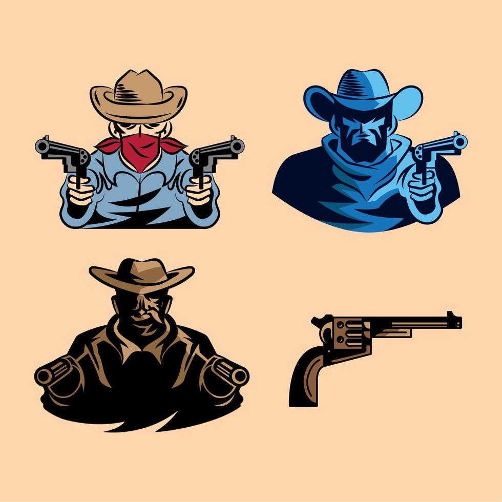 cuatro iconos del salvaje oeste de pistolero vector