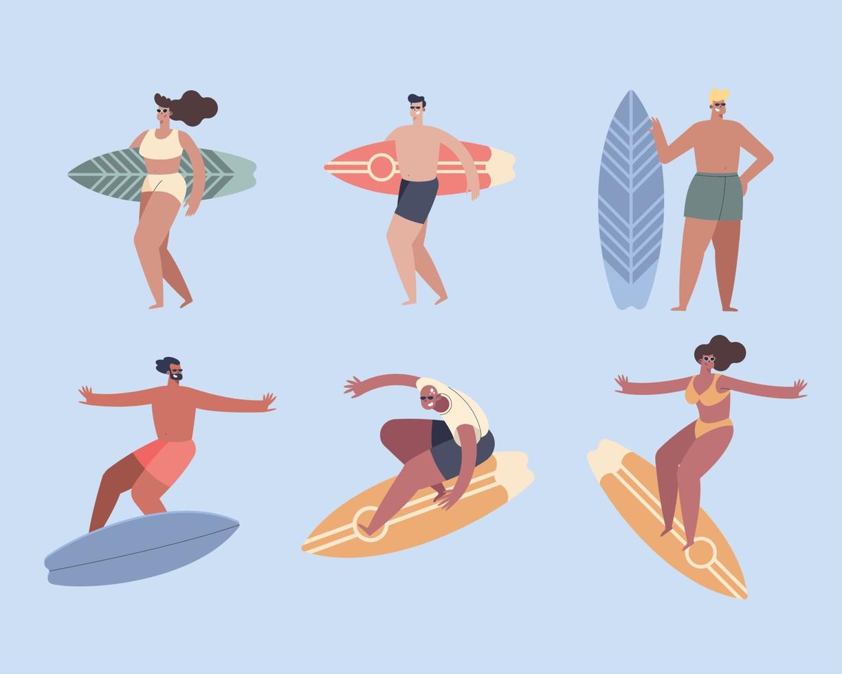 seis surfistas deportistas personajes vector