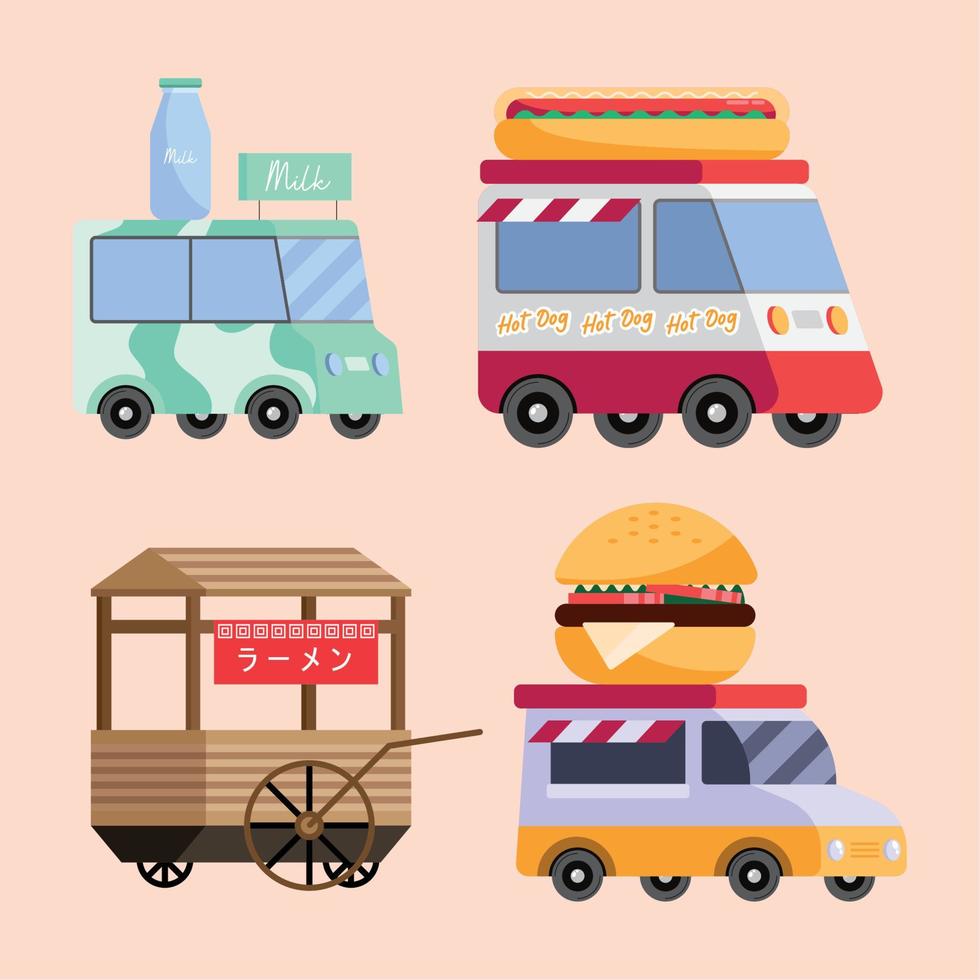 camiones de comida cuatro iconos vector