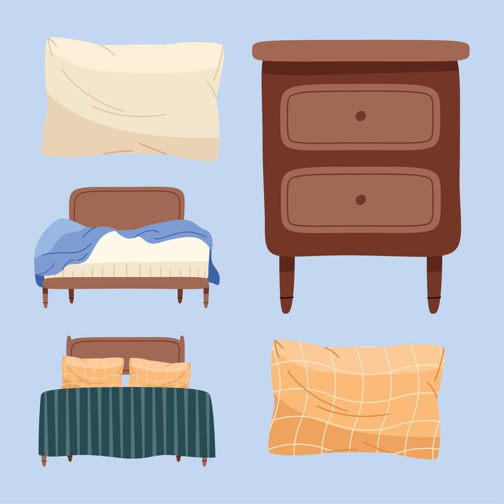 cinco iconos de la habitación de la cama vector
