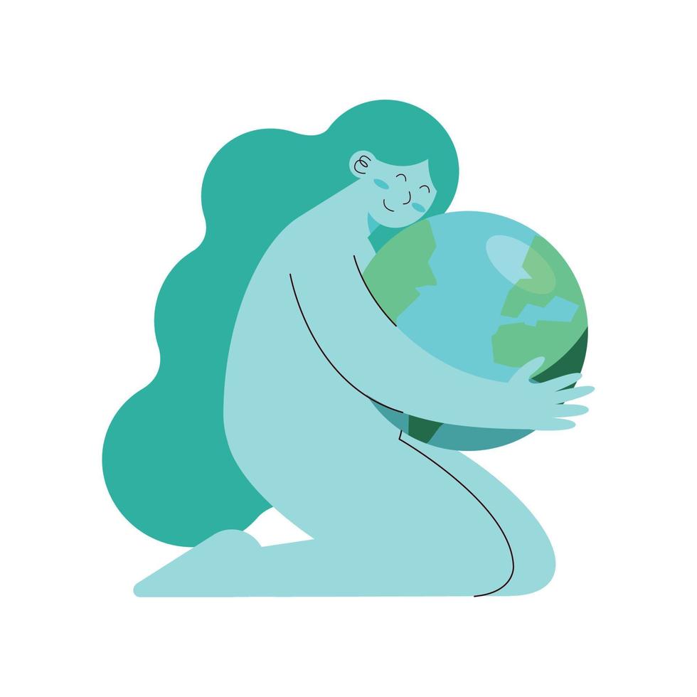 blue woman hugging earth vector