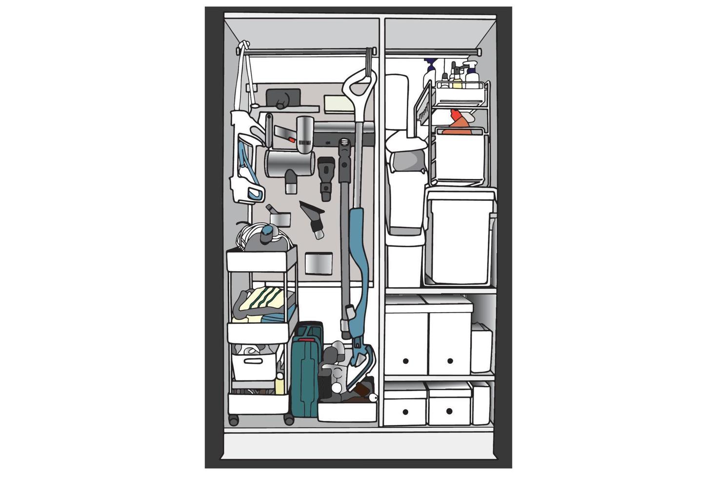 Interior of storage cabinet or household storage room full of messy cleaning equipment in the modern shelve. Design flat cartoon by Vector illustration isolate on white.