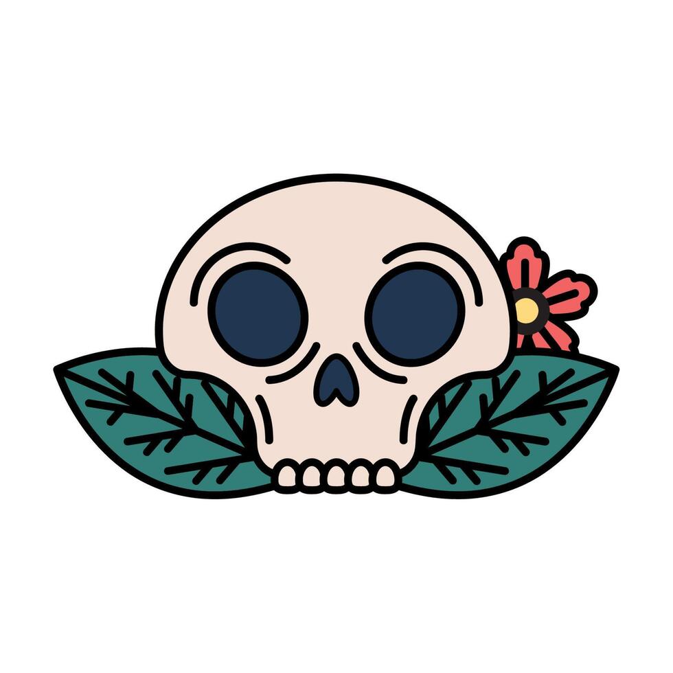 tatuaje de calavera y hojas vector