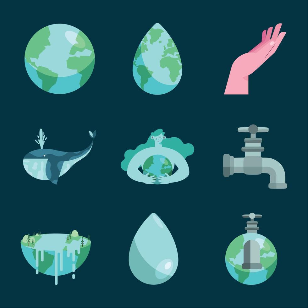 nine water day icons vector