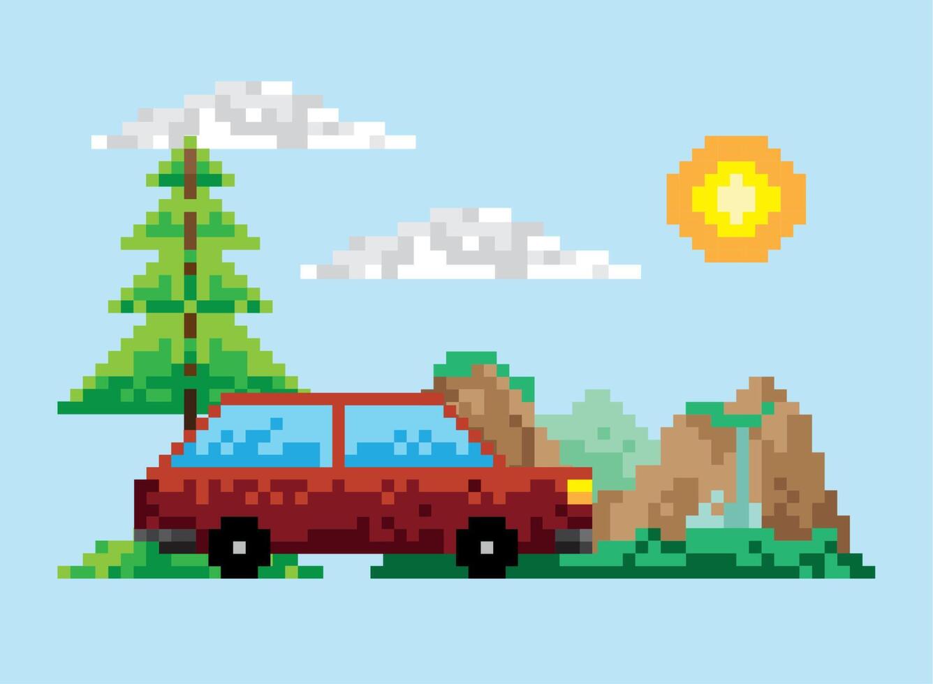 coche pixelado en el paisaje vector