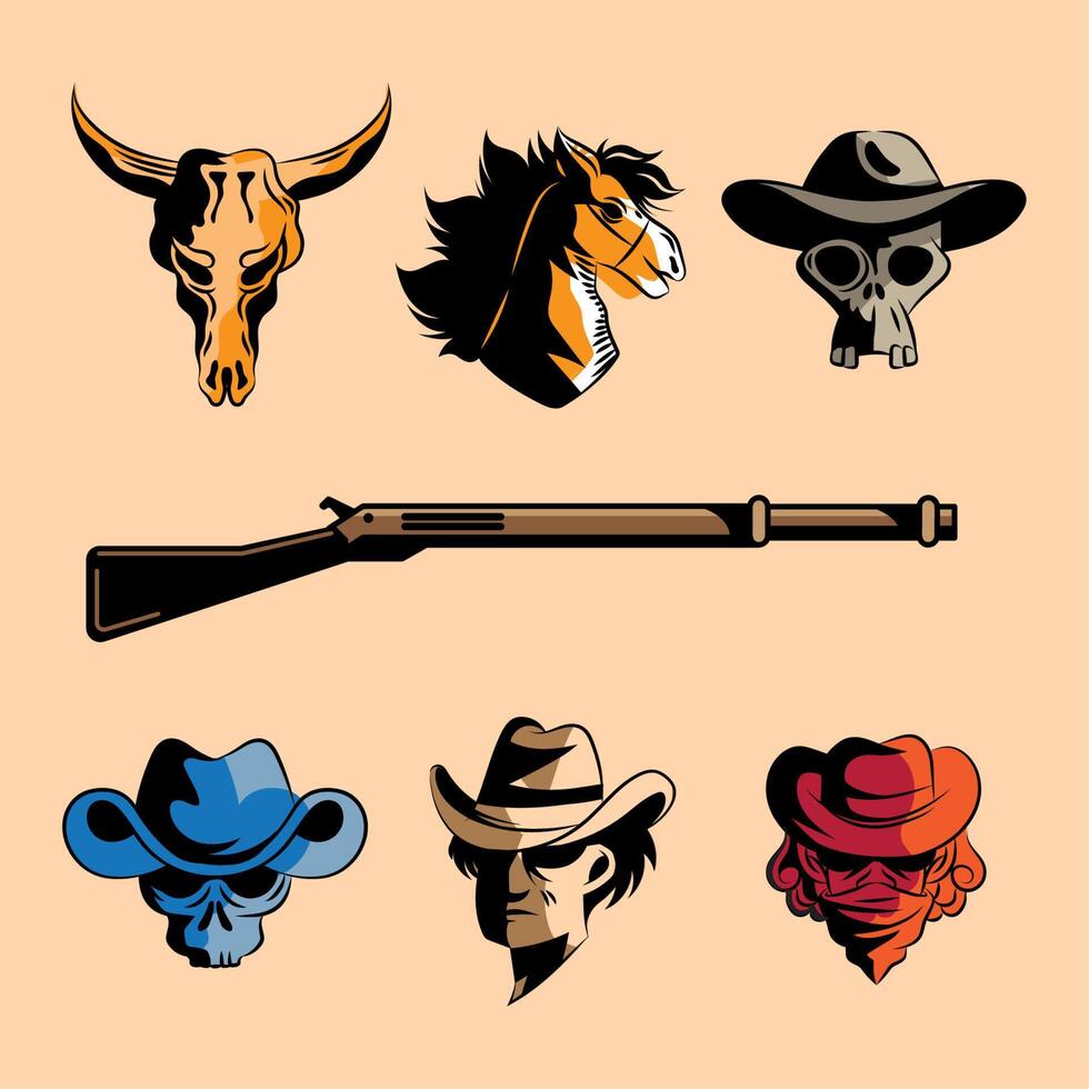 seven gunslinger wild west icons vector