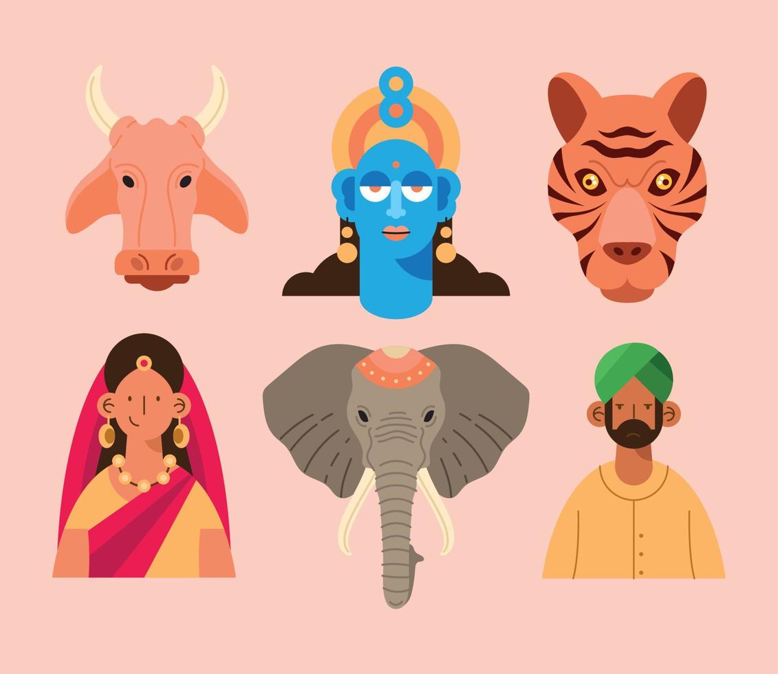 seis iconos de la cultura india vector