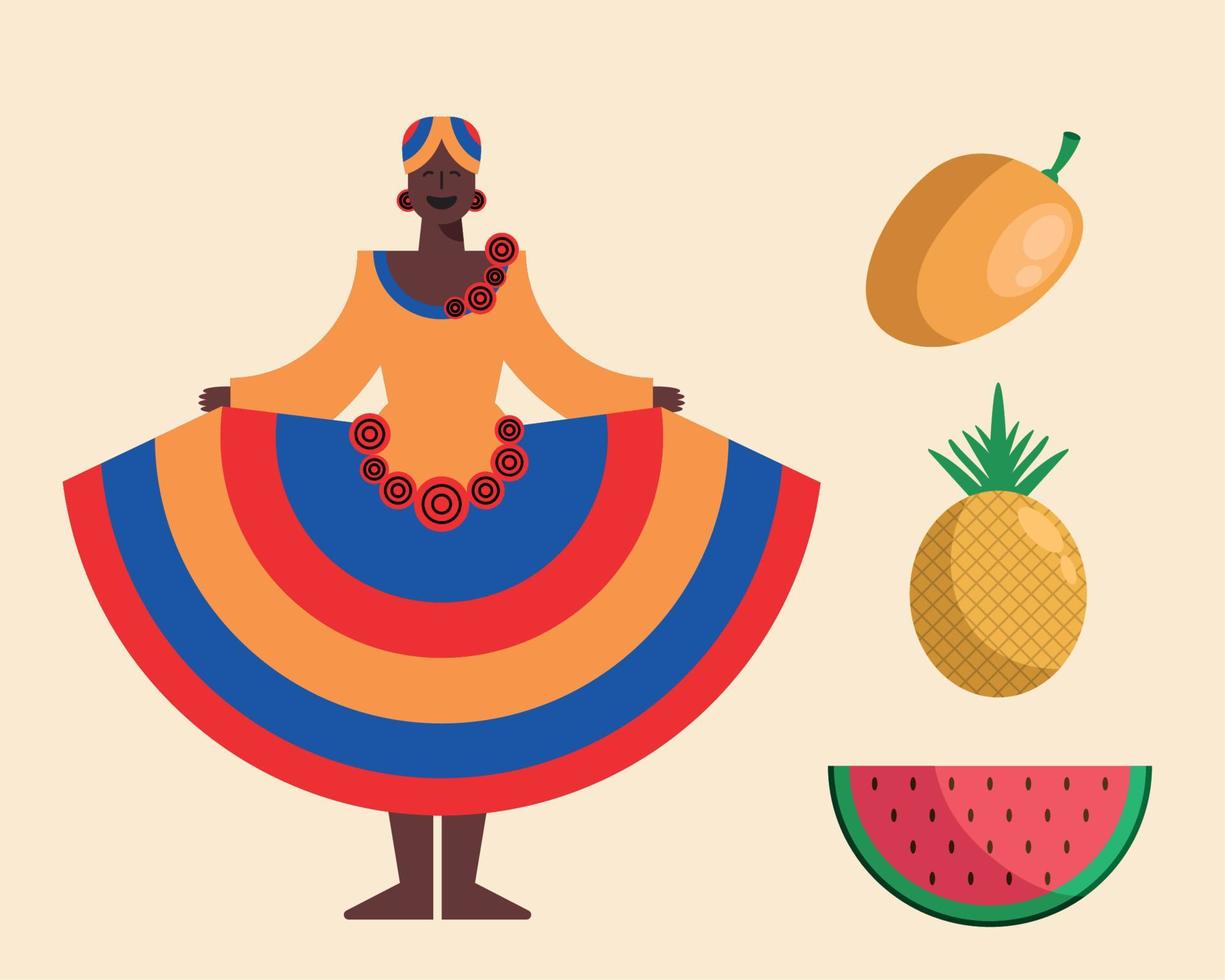 afro colombian woman and fruits vector