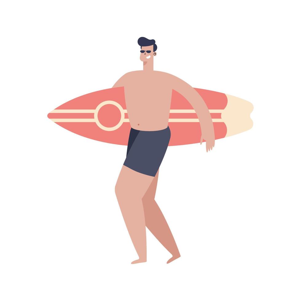 hombre con tabla de surf roja vector