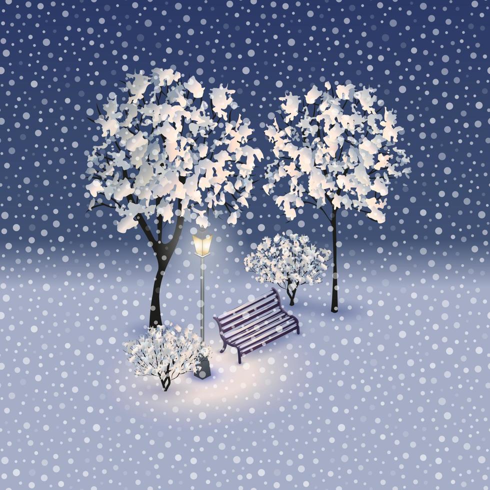 Vector illustration with a bench and a lantern on a winter evening. Christmas Eve. Winter landscape. EPS10