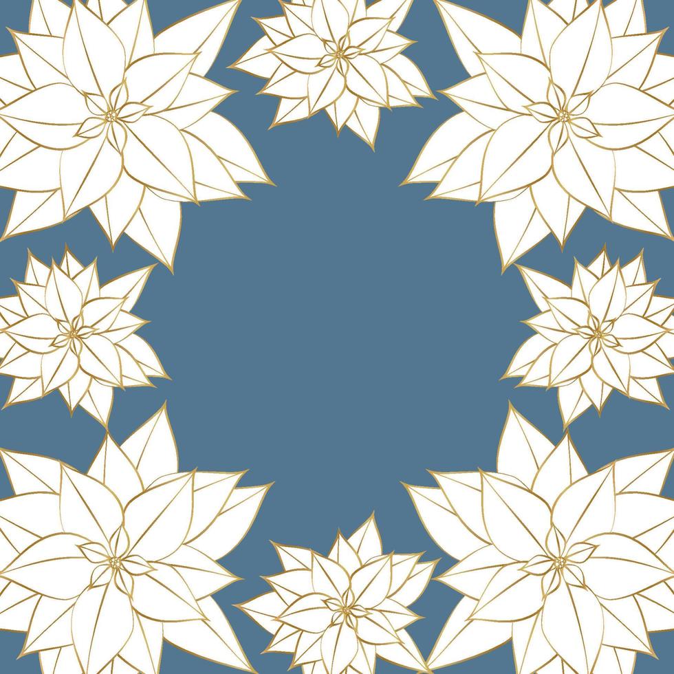 Vector illustration with a Christmas poinsettia plant in the form of a frame on a blue background. Drawing for a postcard, poster, background. EPS10