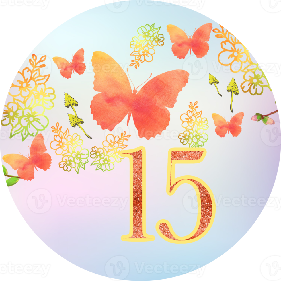 Number, 15, 15 th birthday, advent calendar. Butterflies, flowers, mushroom, botanical template. Wedding, birthday design. png