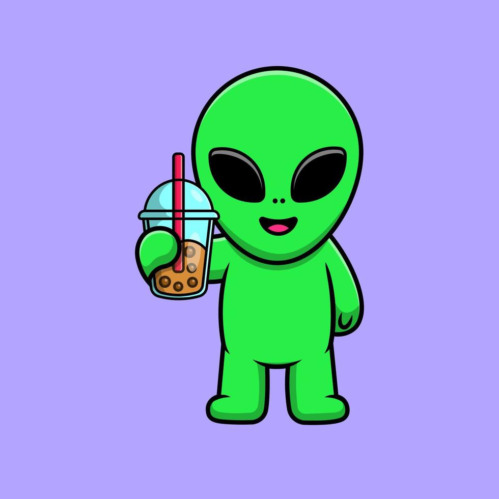Cute Alien Holding Boba Milk Tea Cartoon Vector Icon Illustration. Flat Cartoon Concept