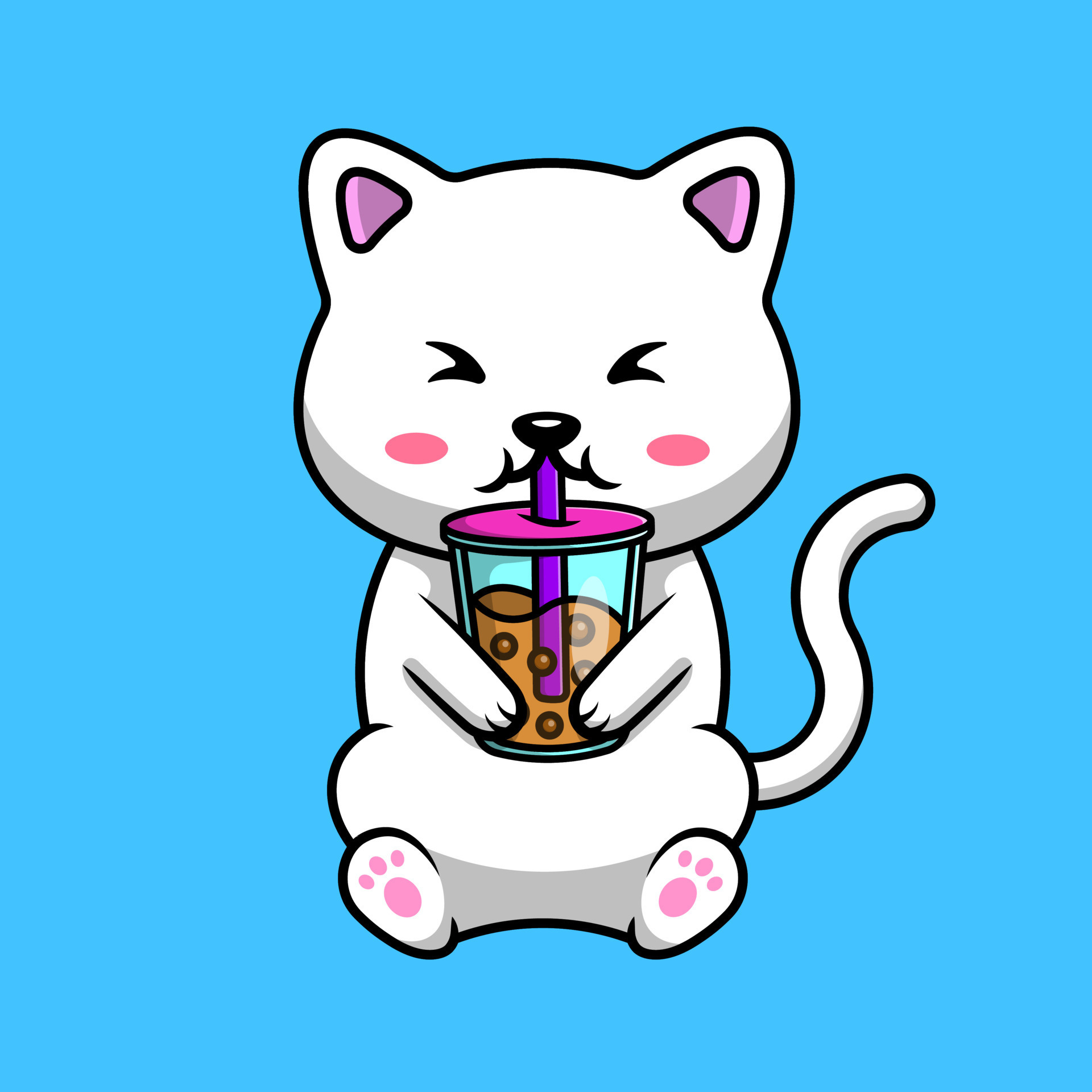 Cute Cat Drink Boba Milk Tea Cartoon Vector Icon Illustration. Flat