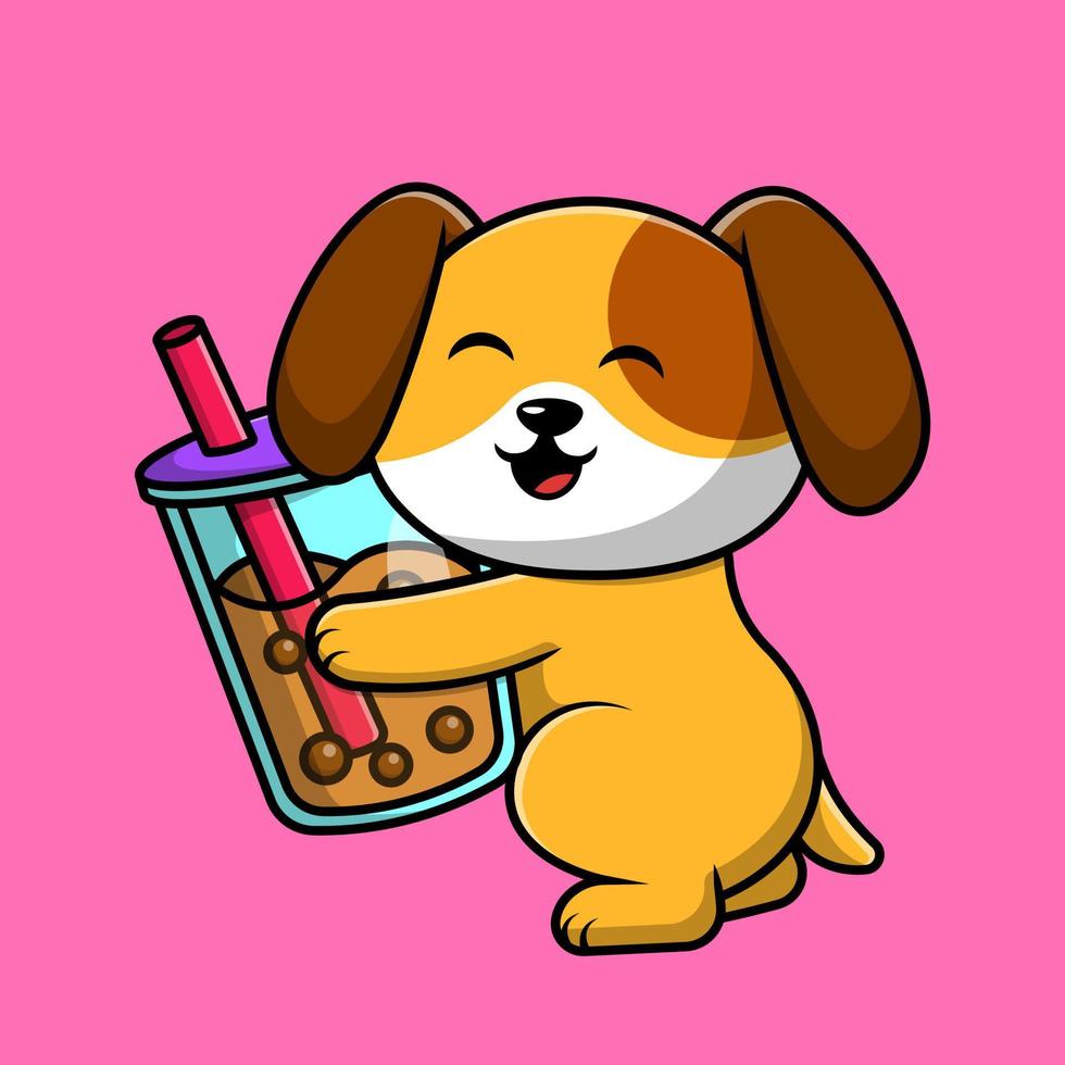 lindo perro con ilustración de icono de vector de dibujos animados de té de leche de boba. concepto de dibujos animados plana