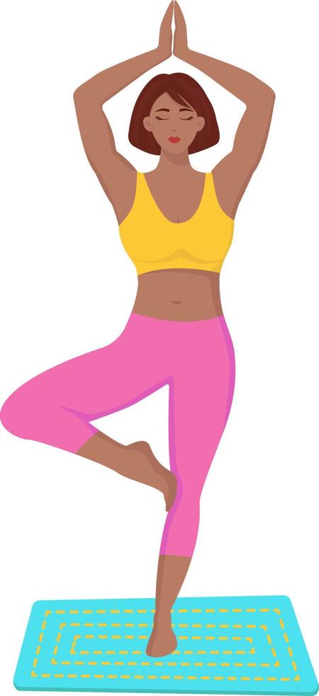 A girl does yoga standing on one leg.  A young girl does yoga and stays in the vrikshasana tree pose pose for beginners. vector